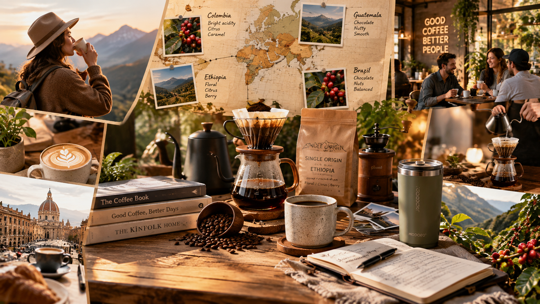A cozy coffee corner with manual brewing equipment, freshly brewed specialty coffee, notebooks, books, and reusable drinkware, reflecting creativity, craftsmanship, and everyday coffee rituals.