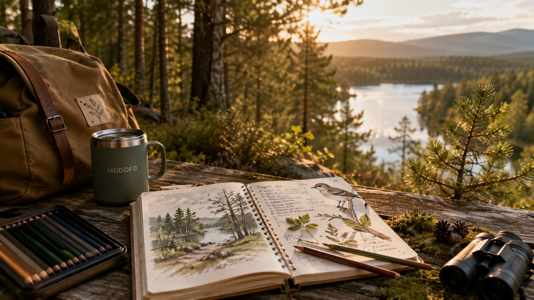 A cozy outdoor nature journaling setup overlooking a forest and lake, with a sketchbook, travel mug, backpack, and binoculars inspiring creativity during a peaceful weekend walk.