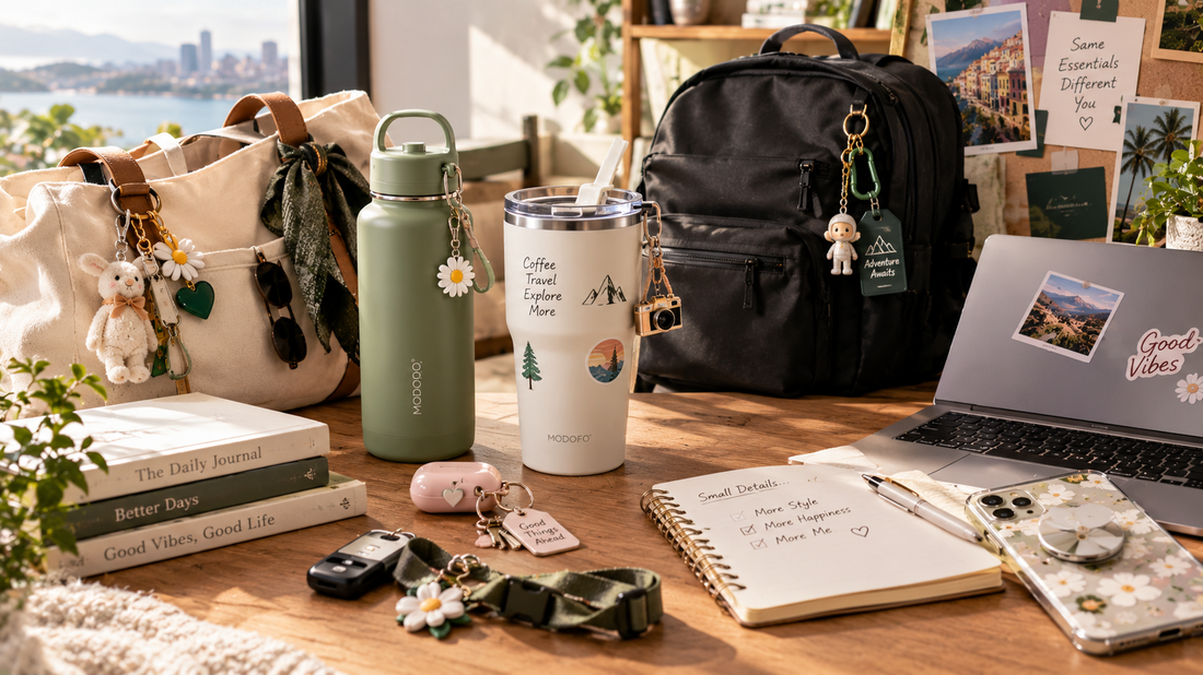 A modern collection of personalized lifestyle accessories, reusable drinkware, bag charms, keychains, and everyday essentials that express individuality through thoughtful design and daily use.