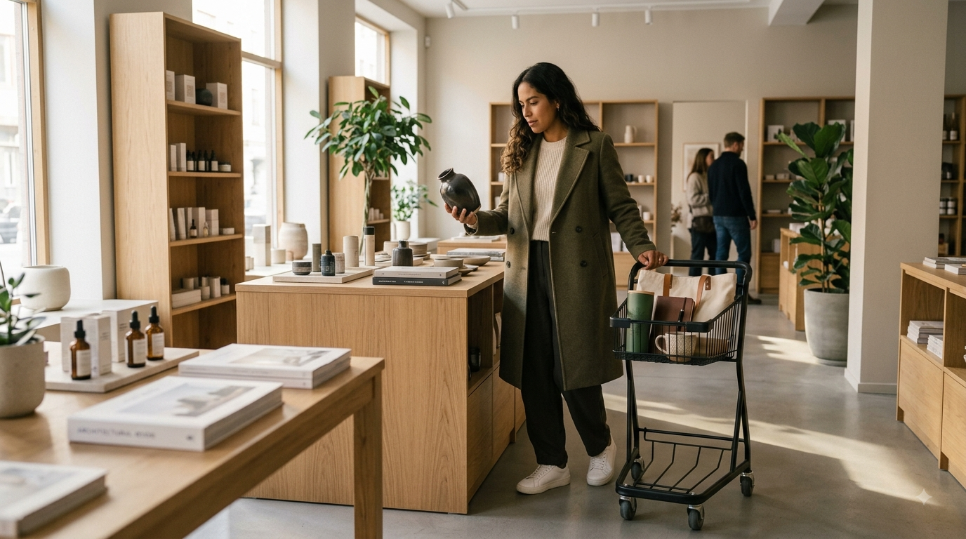 A modern consumer thoughtfully selecting a few high-quality everyday essentials in a minimalist lifestyle store, representing conscious consumption, quality over quantity, and intentional living.
