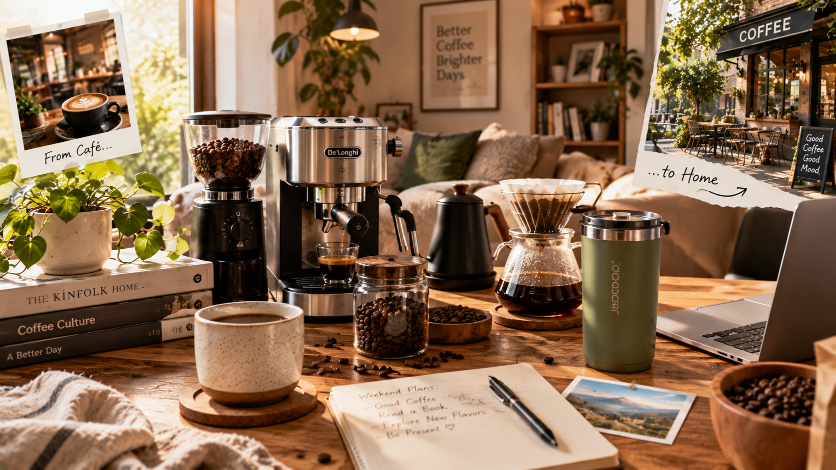 A modern home café inspired by specialty coffee culture, featuring espresso equipment, handcrafted brewing tools, and comfortable living spaces that reflect the growing popularity of home coffee experiences.