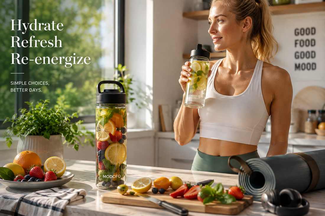 A reusable insulated water bottle prepared with fresh fruit infused water in a modern morning kitchen, supporting healthy hydration, fitness, and everyday wellness.