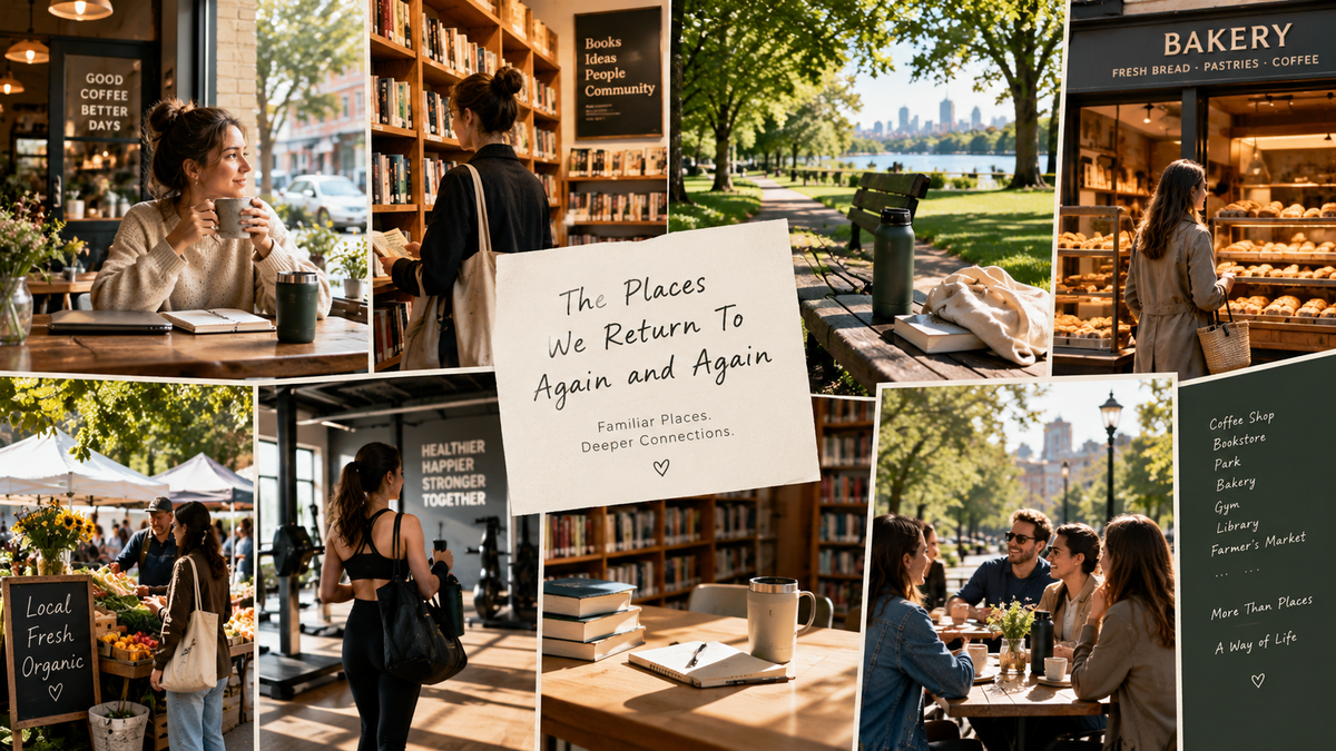 A vibrant European neighborhood featuring a cozy coffee shop, independent bookstore, bakery, leafy park, and weekend farmers' market, where people enjoy everyday routines, meaningful conversations, and a walkable lifestyle with reusable drinkware.