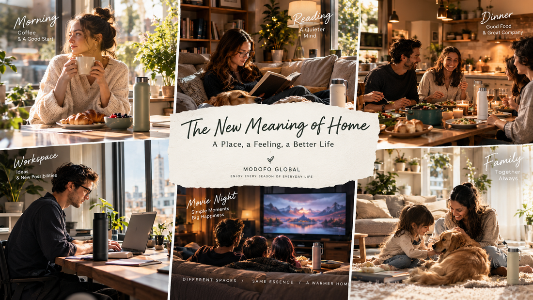 A warm Scandinavian-inspired home featuring morning coffee, reading, family dinner, a cozy workspace, movie night, and everyday rituals, reflecting the new meaning of home and intentional living.