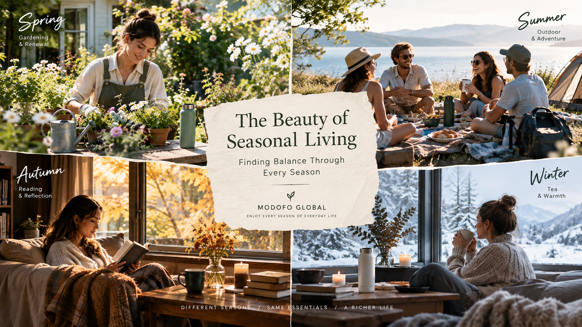 A warm editorial lifestyle scene featuring seasonal activities, reusable drinkware, books, plants, and nature, capturing the beauty of living with every season.