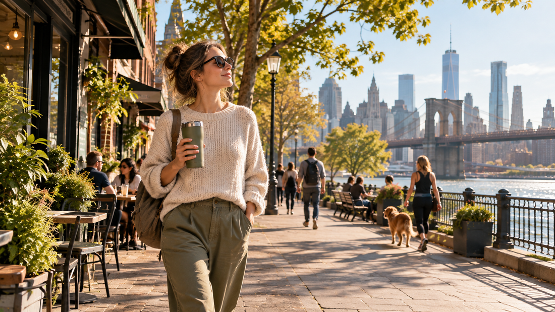 A young professional enjoys a sunny walk through a vibrant European-style riverside neighborhood, carrying a reusable tumbler while passing cafés, green spaces, and scenic city streets that reflect the growing walkable lifestyle movement.