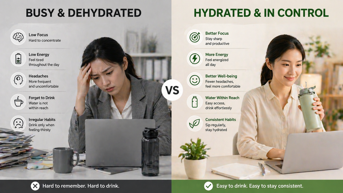 Busy person working at desk with water bottle nearby, showing easy-access hydration setup in a modern workspace