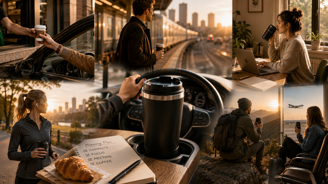 Coffee on the go culture in the United States featuring commuters, portable coffee cups, and the modern American morning lifestyle.
