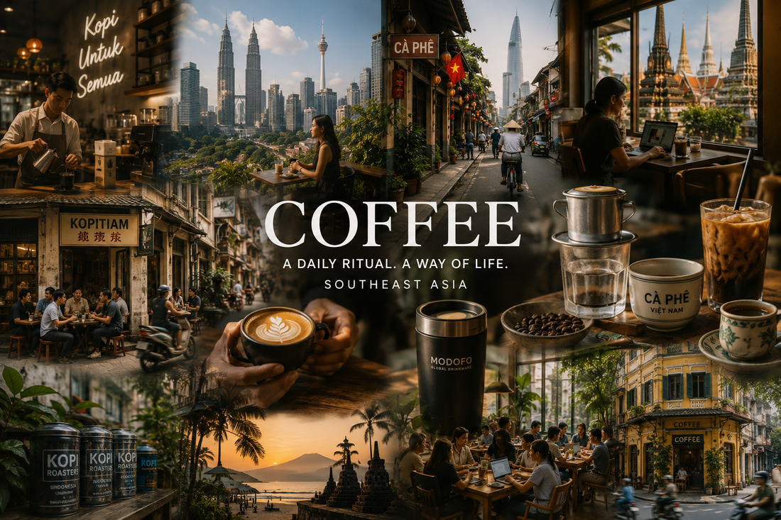 Coffee shop culture in Southeast Asia showing local cafés, urban streets, traditional coffee rituals, and modern lifestyle across the region