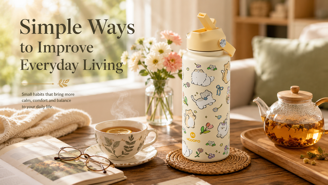 Cozy everyday living scene with warm tea, insulated drinkware, soft sunlight, and calming home lifestyle atmosphere