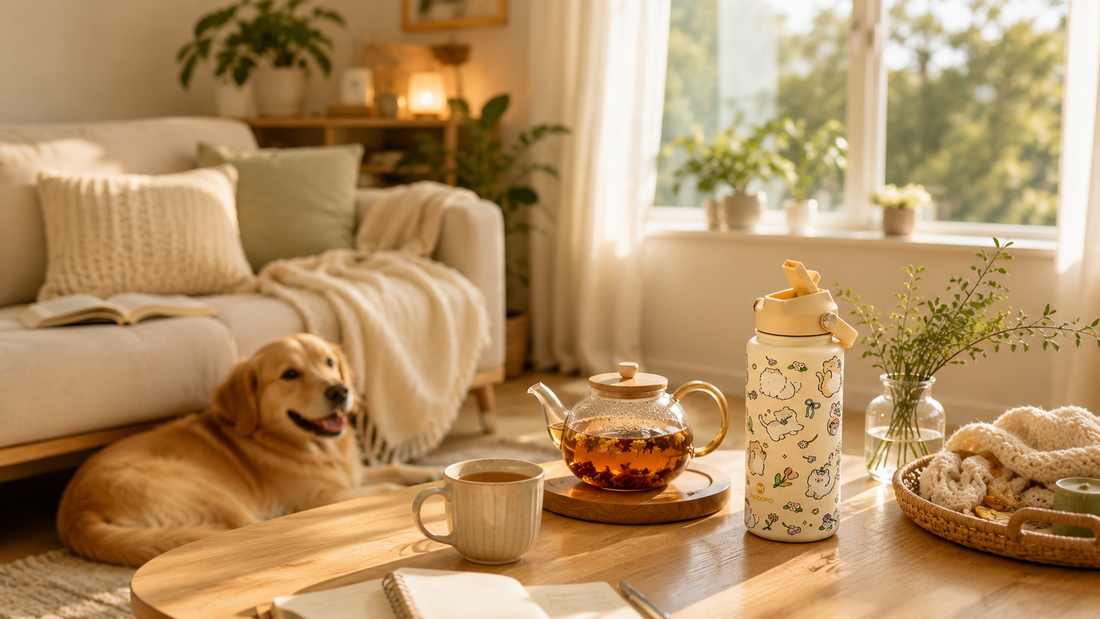 Cozy modern lifestyle scene with tea, soft sunlight, books, plants, and calming home atmosphere