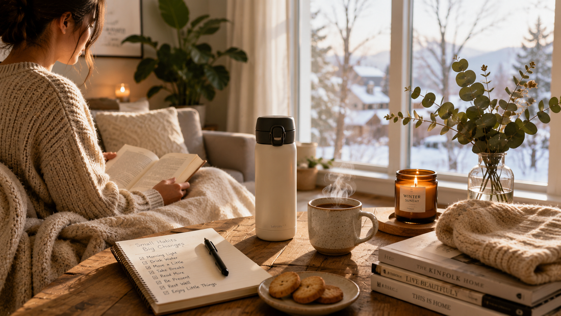 Cozy winter lifestyle scene featuring a reusable insulated water bottle, warm tea and coffee, soft blankets, natural sunlight, books, indoor plants