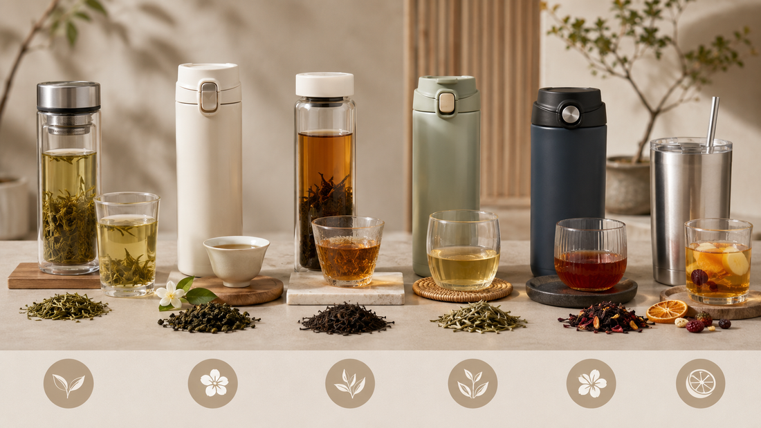 Different drinkware materials and beverages including tea coffee soda juice and insulated bottles on modern lifestyle table