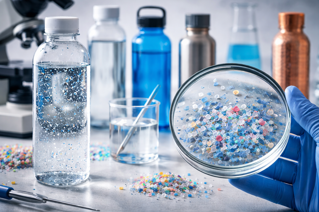 High-resolution infographic showing various water bottle materials with plastic bottles releasing microplastic particles while stainless steel and glass remain clean, highlighting scientific research on microplastic contamination.
