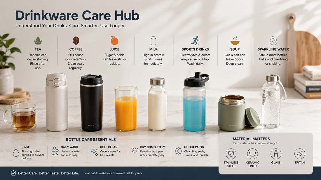 Editorial-style drinkware care guide featuring reusable stainless steel bottles, tea, coffee, juice, milk, sparkling water, fresh fruit, cleaning brush, and soft kitchen lighting