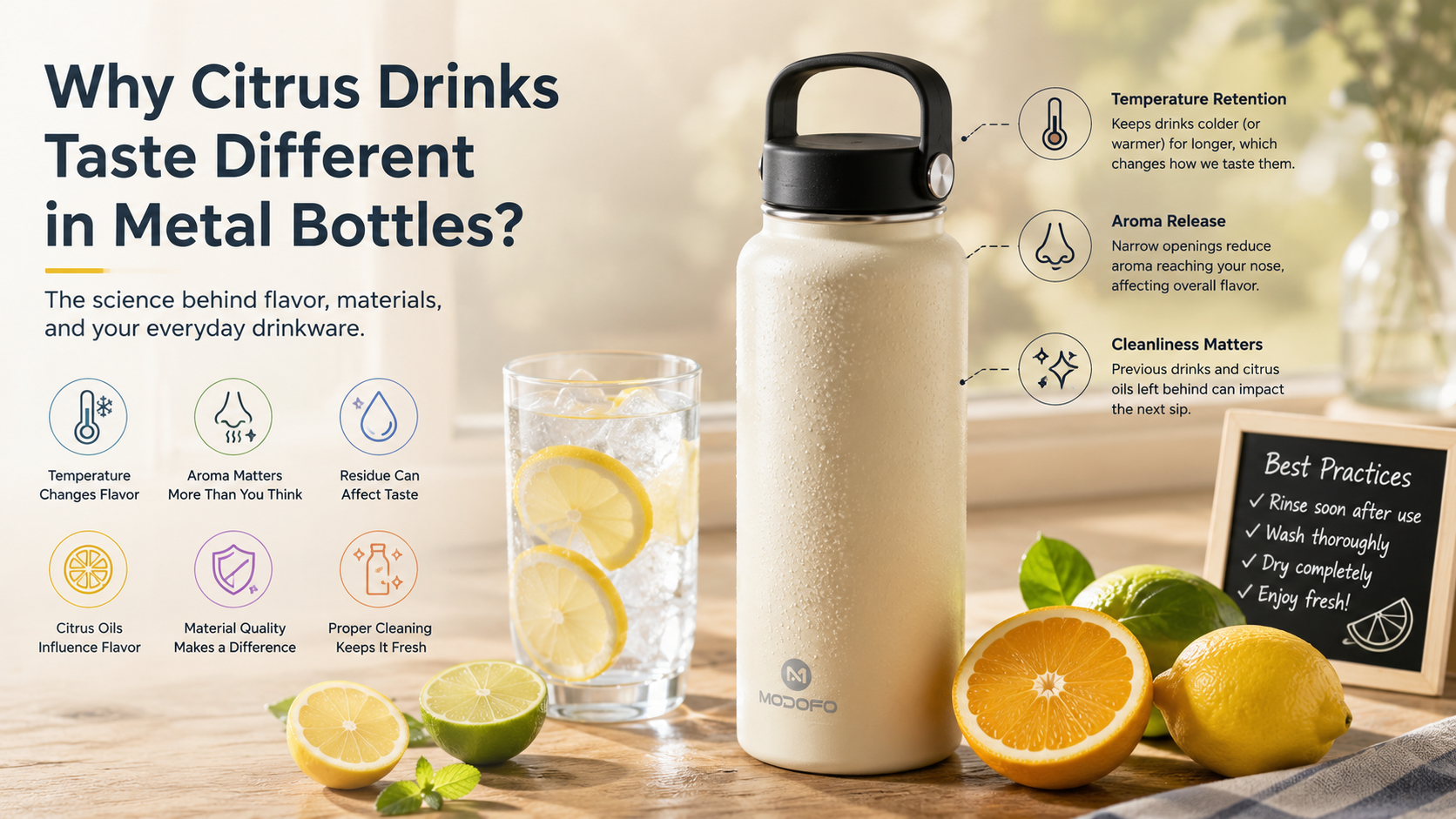 Explore the science behind citrus drinks, stainless steel bottles, aroma, temperature, and everyday bottle care. Learn why flavor changes and how to enjoy citrus beverages at their best.
