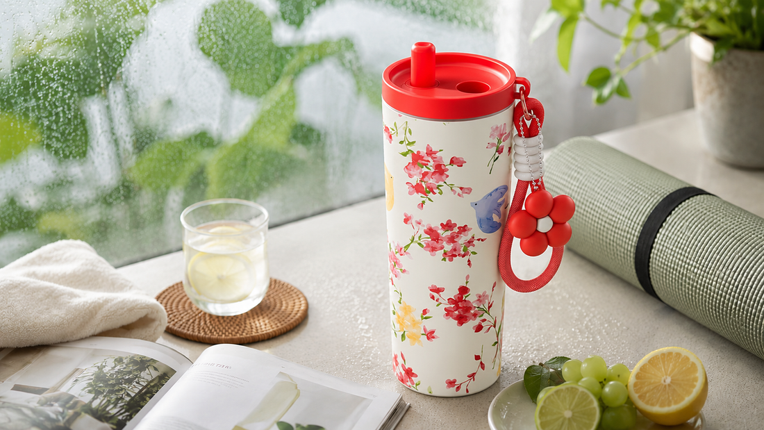 Floral reusable stainless steel tumbler beside fresh lemon water in a bright home setting after humid weather, representing daily hydration, reusable bottle maintenance, and practical drinkware care in tropical climates.