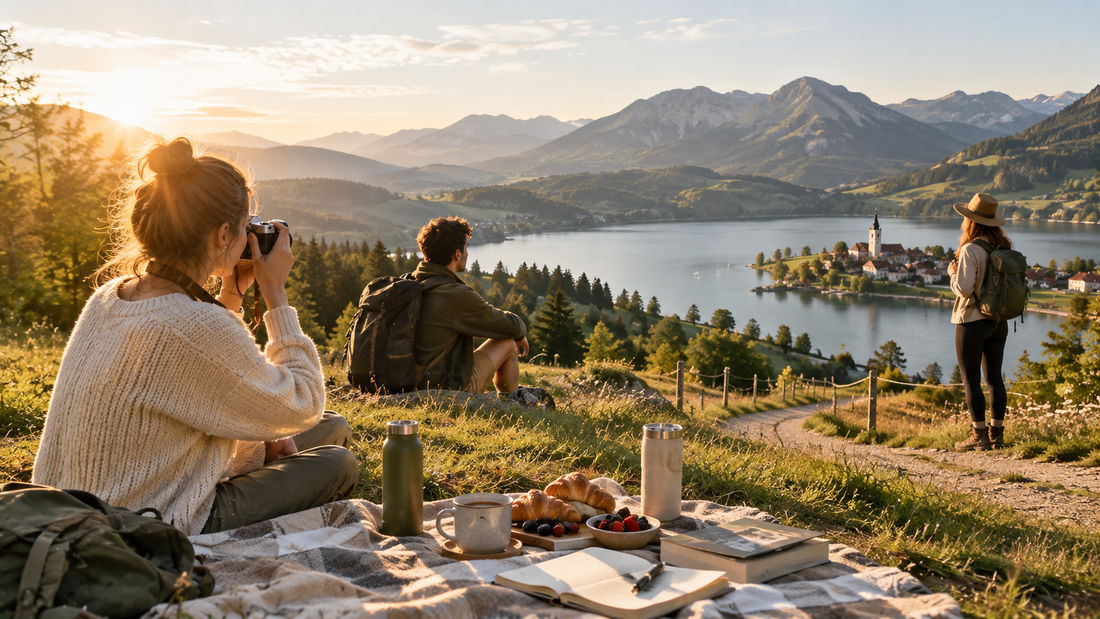 Friends enjoying a peaceful weekend adventure in the European countryside with coffee, reusable drinkware, a notebook, and scenic hiking trails, capturing the spirit of slow travel, local exploration, and intentional outdoor living.