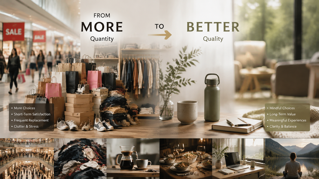 From quantity to quality lifestyle transformation showing crowded shopping consumption changing into a minimalist home environment with meaningful everyday essentials