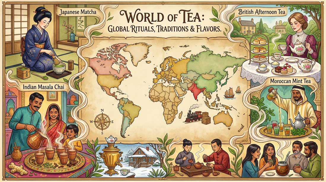 Global tea culture featuring Chinese tea, Japanese matcha, British afternoon tea, Moroccan mint tea, and South American Yerba Mate traditions