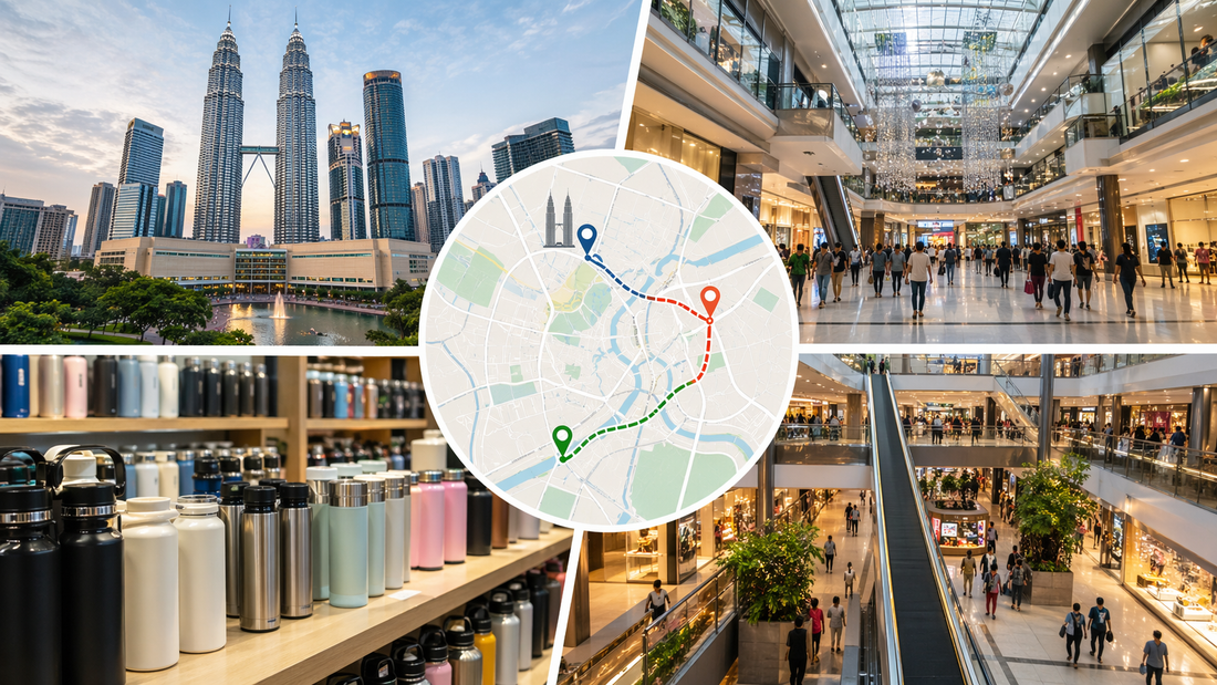 Kuala Lumpur shopping mall map showing KLCC Pavilion and Mid Valley areas for drinkware shopping