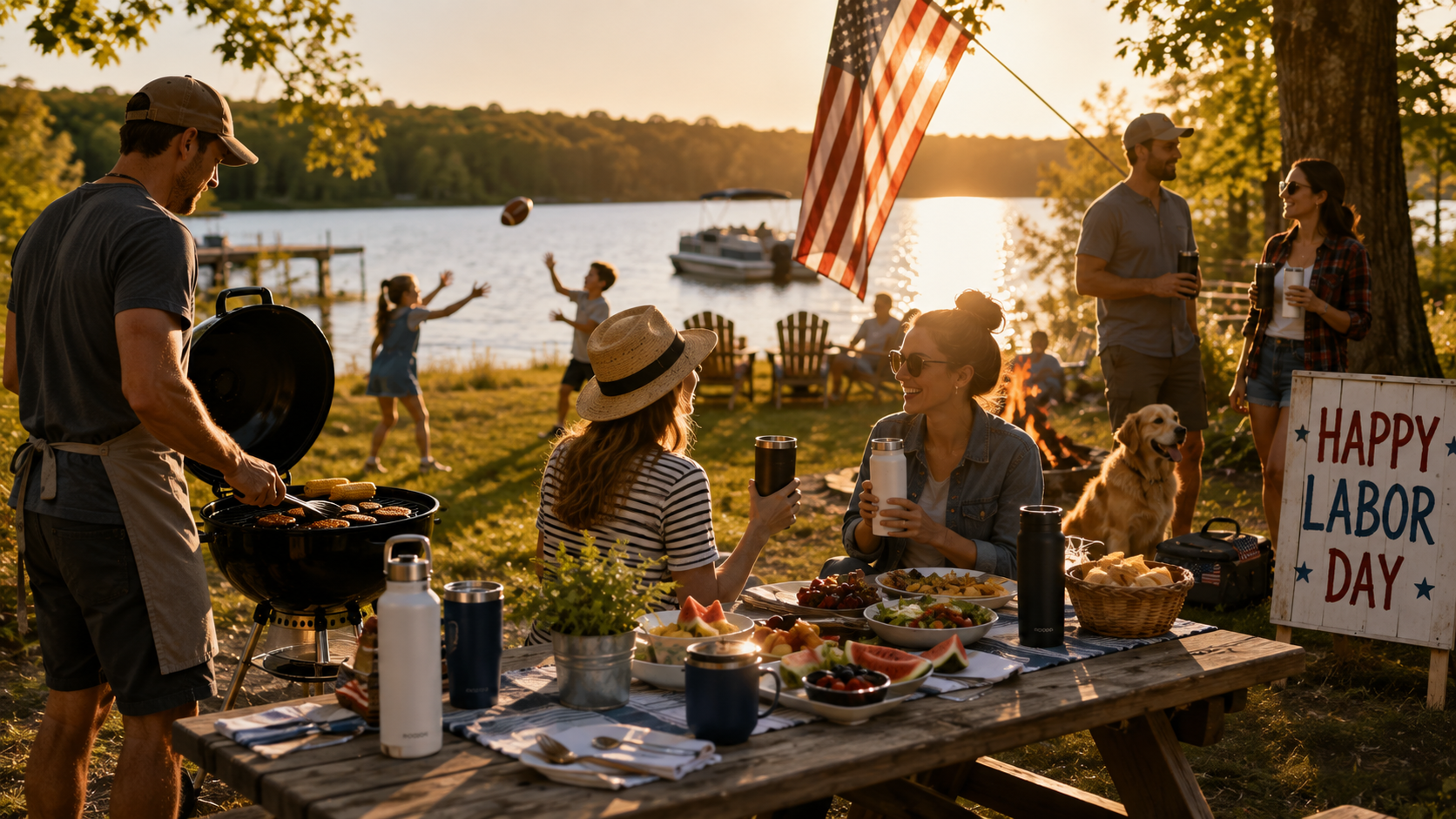 Labor Day family celebration in America with outdoor barbecue, road trip essentials, and reusable drinkware enjoying the last days of summer