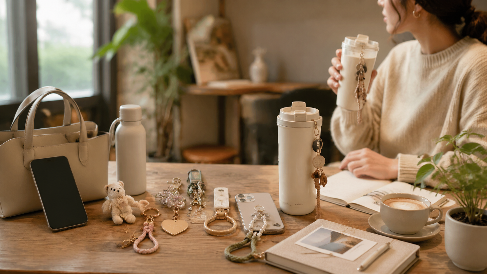Lifestyle accessories and personalized everyday items including phone charms, bag decorations, and tumbler accessories creating a unique personal style