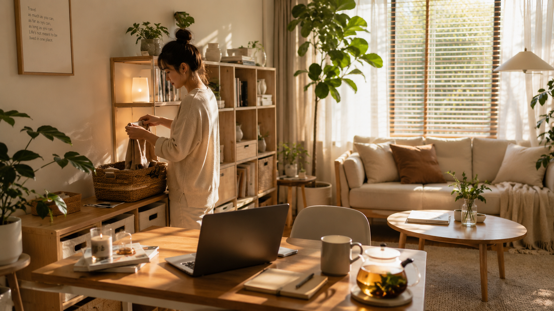 Minimal modern home interior with warm sunlight, organized furniture, tea setup, and calming relaxing atmosphere