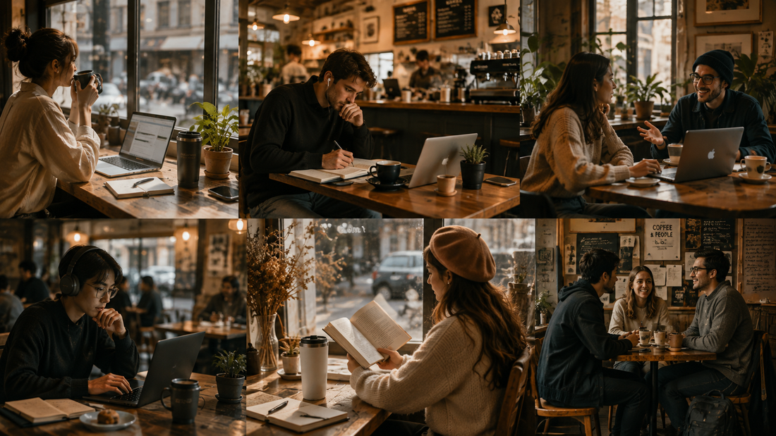 Modern coffee shop serving as a third place where freelancers, students, entrepreneurs, and creatives work, collaborate, read, and share ideas in a warm café environment