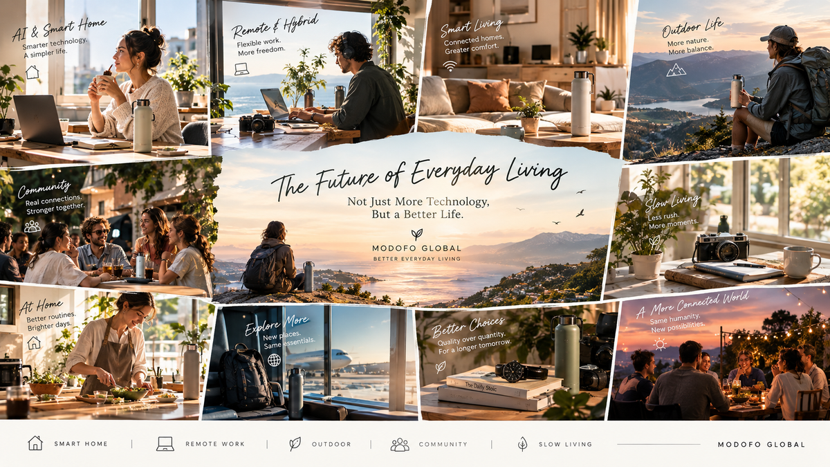 Modern everyday living with a cozy home workspace, smart technology, indoor plants, outdoor leisure, and thoughtful lifestyle essentials.
