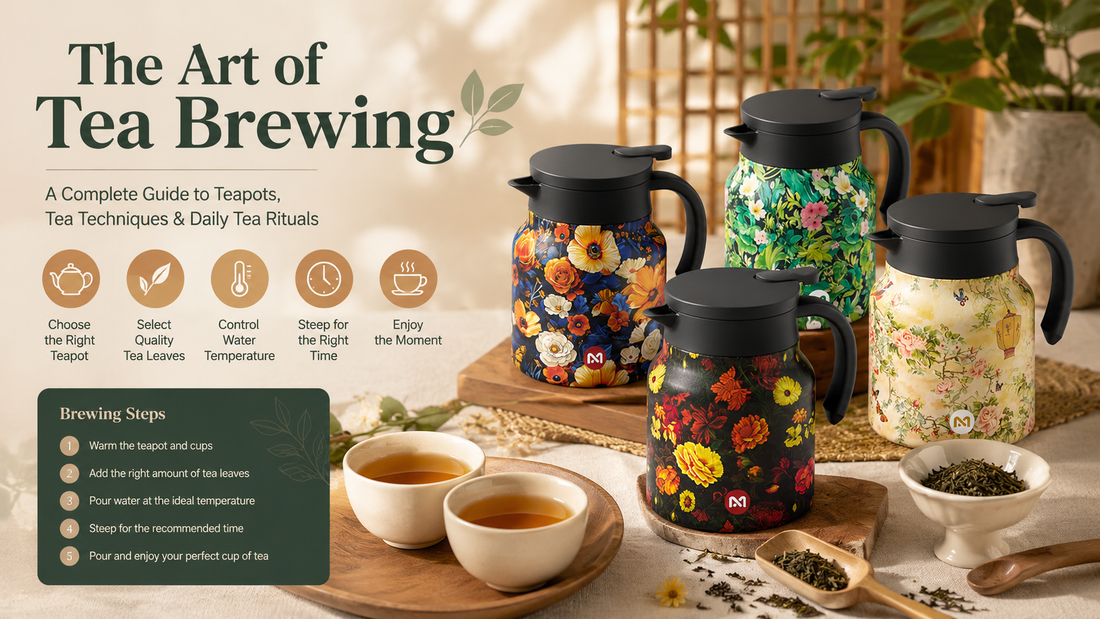 Modern floral insulated teapots used in elegant tea brewing ritual setup with tea cups loose leaf tea and warm lifestyle atmosphere