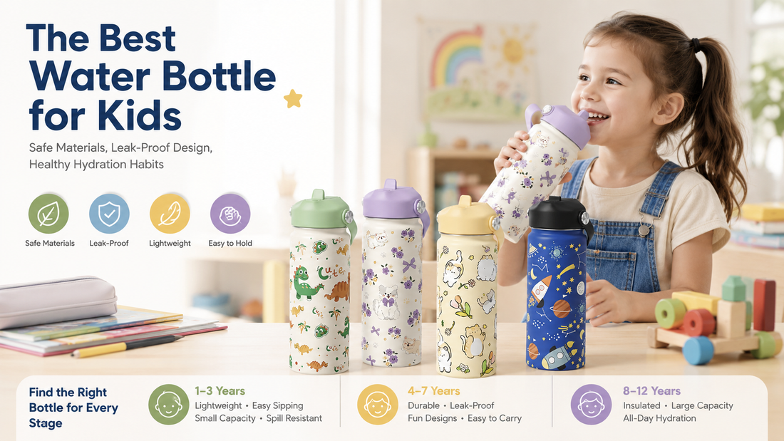 Modern kids water bottles with straw lids and insulated designs in colorful family lifestyle setting