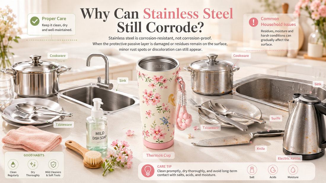 Modern kitchen scene featuring a stainless steel insulated water bottle, cookware, sink, and kitchen utensils with a comparison of clean stainless steel and small surface rust spots