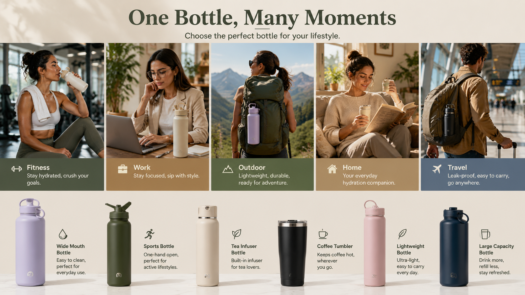 Modern lifestyle collage showing different people using reusable water bottles during work, exercise, travel, reading, and relaxing at home