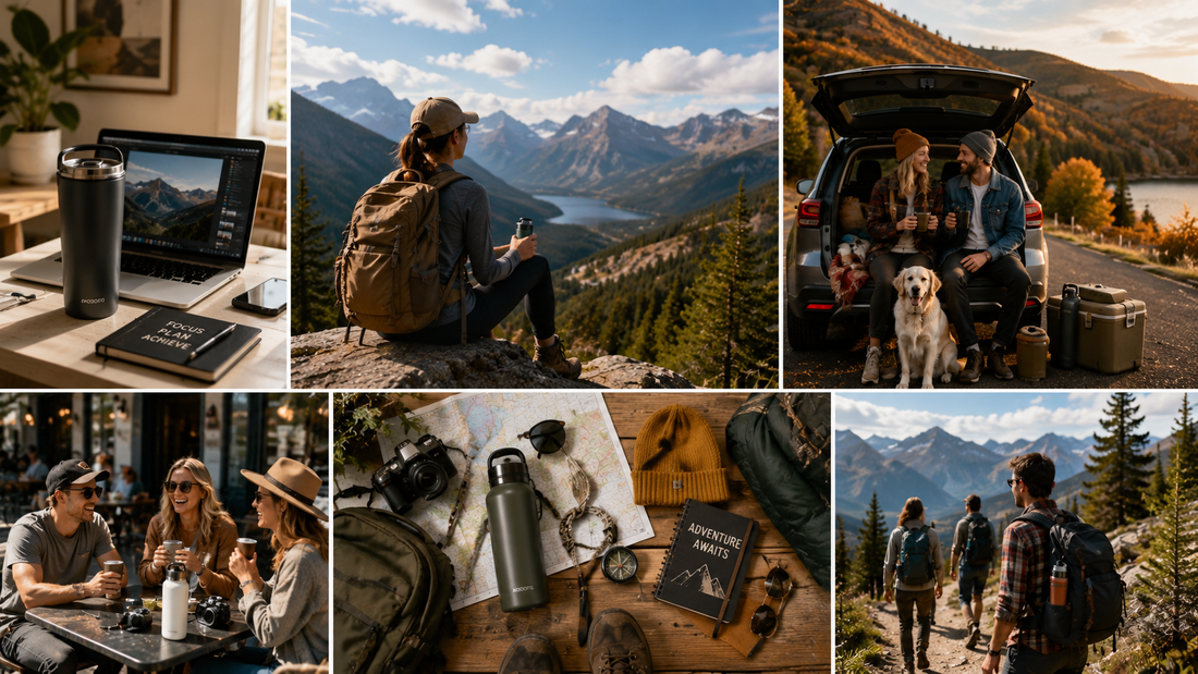 Modern lifestyle featuring remote work, weekend road trips, hiking adventures, cozy cafés, and reusable drinkware that seamlessly supports work, travel, and outdoor exploration.