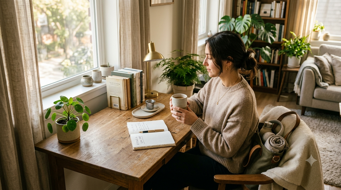 Modern micro luxury lifestyle scene featuring coffee, reusable drinkware, cozy workspace, and everyday essentials that improve daily living