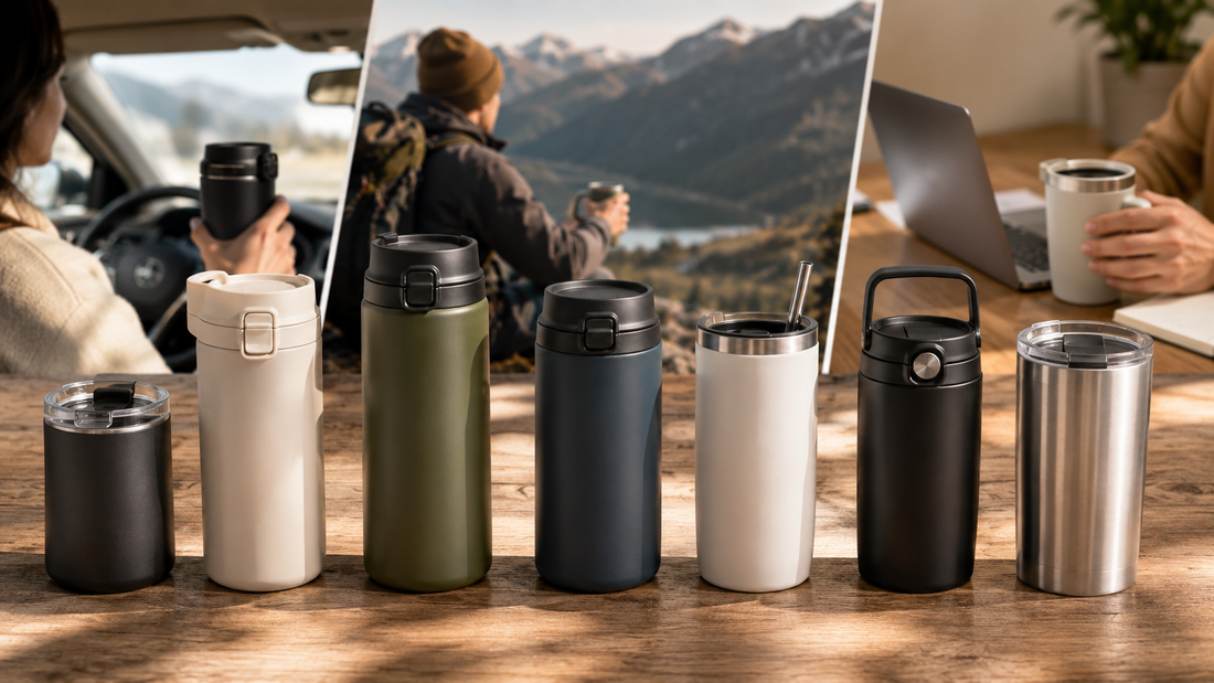 Modern travel mugs on desk and in car cup holder showing daily commuting lifestyle use