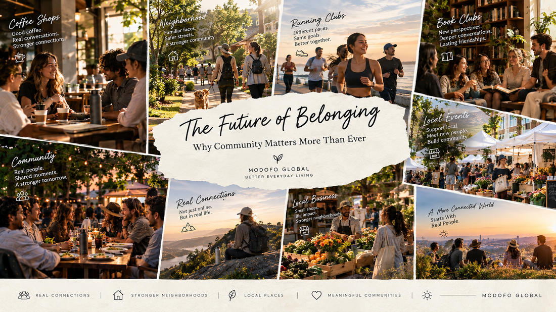 People connecting through neighborhood cafés, running clubs, book clubs, local markets, and shared outdoor gatherings, celebrating community, belonging, and meaningful everyday living.