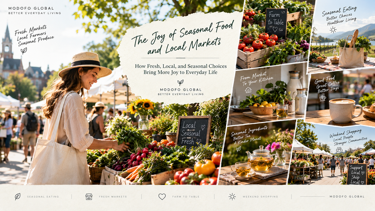 People enjoying a vibrant local farmers' market with seasonal produce, fresh flowers, artisan coffee, and weekend shopping, celebrating seasonal living and intentional everyday lifestyle.