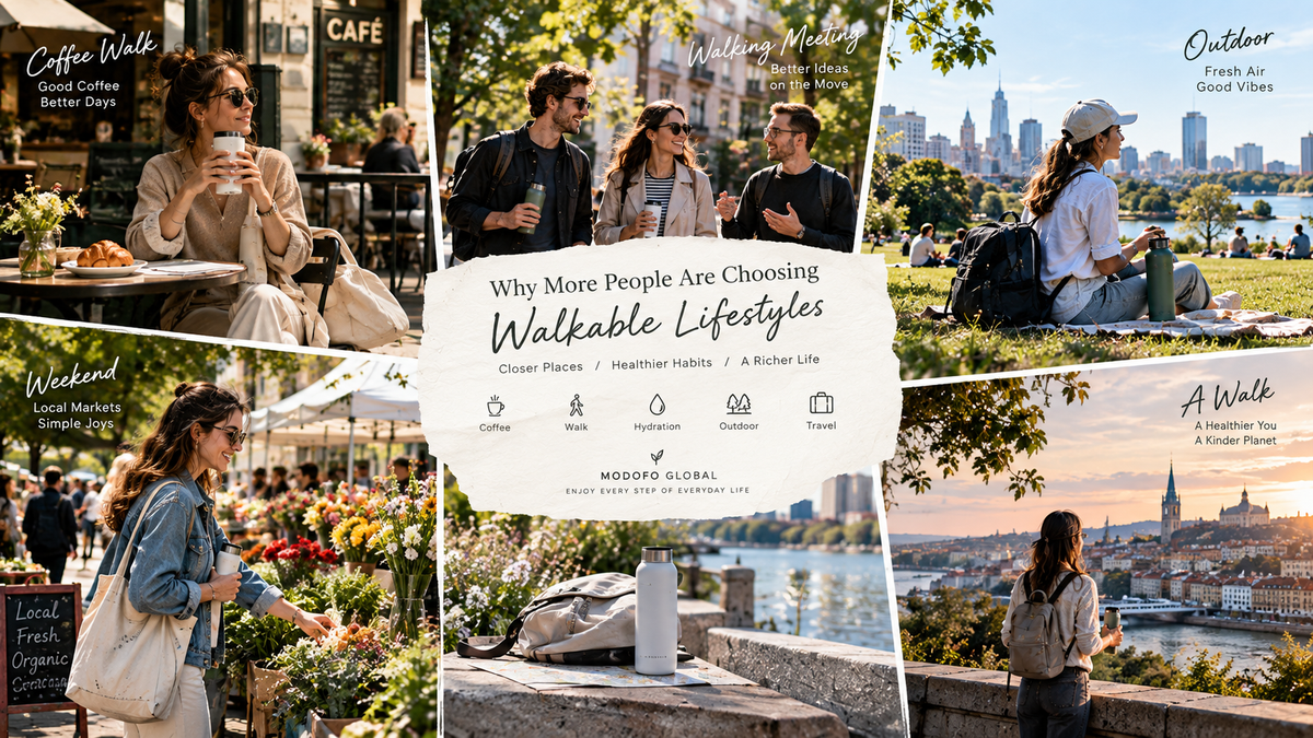 People enjoying a walkable lifestyle through coffee walks, local markets, outdoor parks, and neighborhood exploration with reusable drinkware in a vibrant European-inspired community.