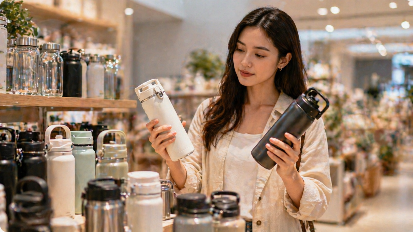 Person comparing different water bottles in a shopping mall, focusing on usability, design, and everyday hydration needs