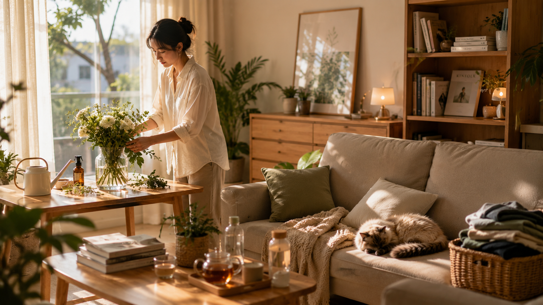 Person enjoying a peaceful afternoon at home with a book, tea, indoor plants, and natural sunlight creating a calm and productive atmosphere