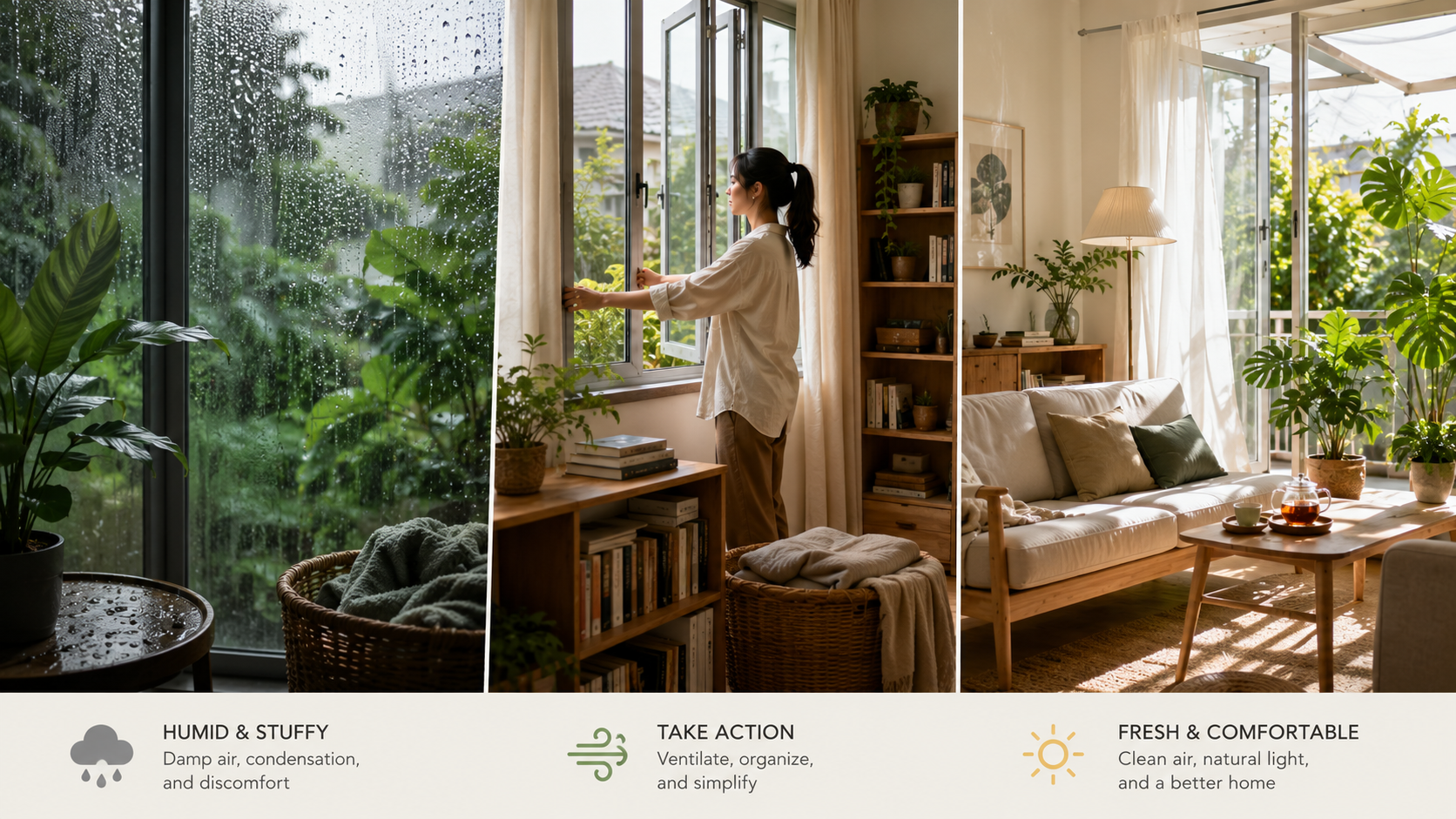 Person opening windows in a bright tropical home while fresh air flows through a clean and organized living space during humid weather