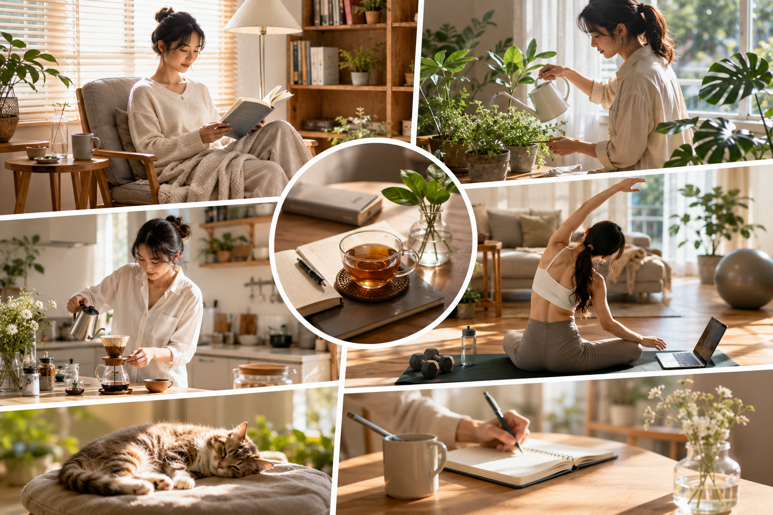 Person organizing a cozy living room while sunlight fills the space, surrounded by books, plants, and a calm home environment that promotes slow living and well-being