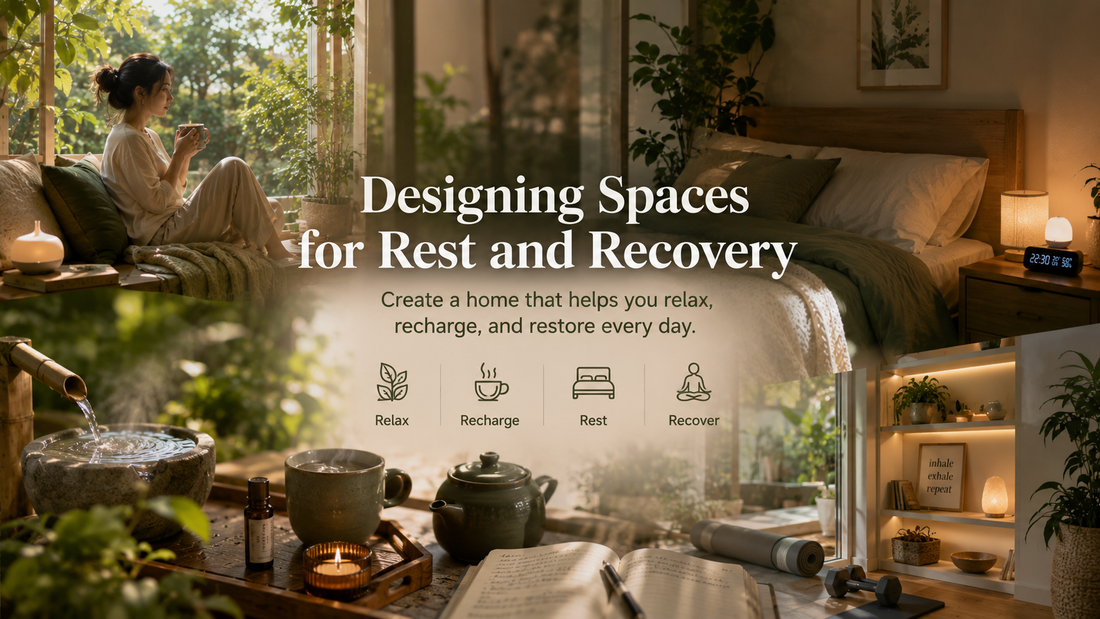Person relaxing in a cozy home recovery space with natural sunlight, indoor plants, comfortable seating, books, and a calming atmosphere