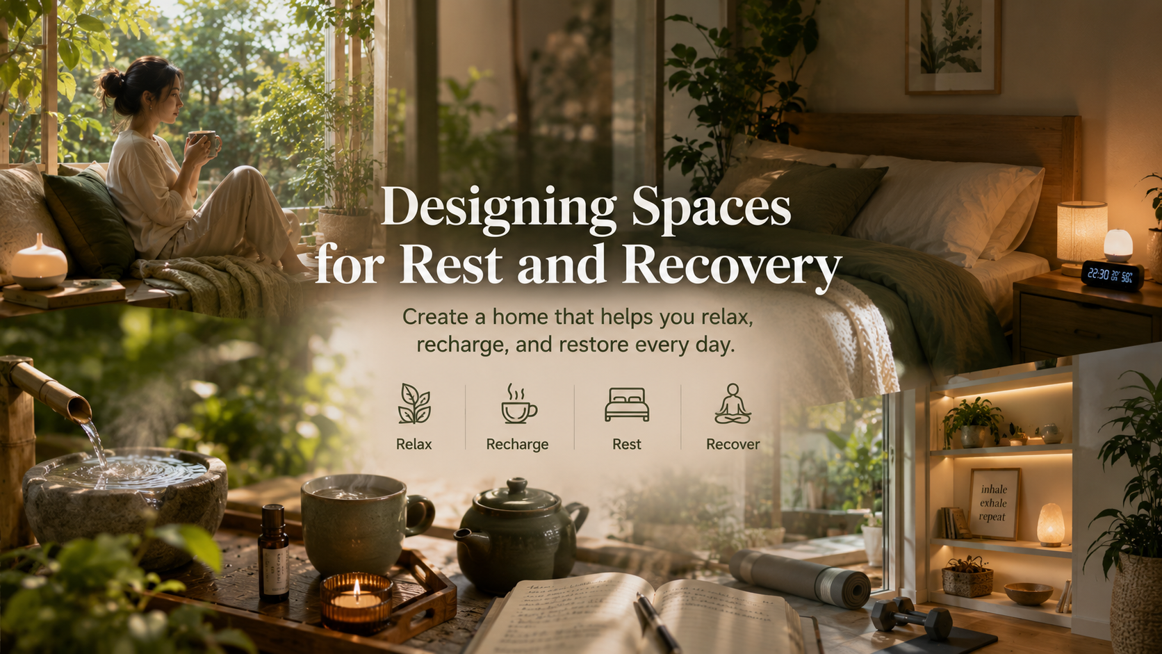 Person relaxing in a cozy home recovery space with natural sunlight, indoor plants, comfortable seating, books, and a calming atmosphere