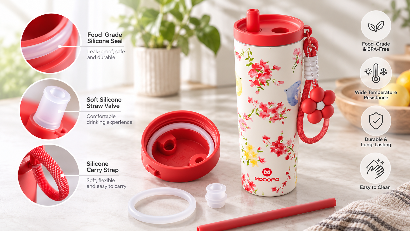 Premium reusable insulated water bottle with visible silicone gasket, leak-proof lid components, and stainless steel construction, illustrating the differences between silicone and rubber in modern drinkware design.