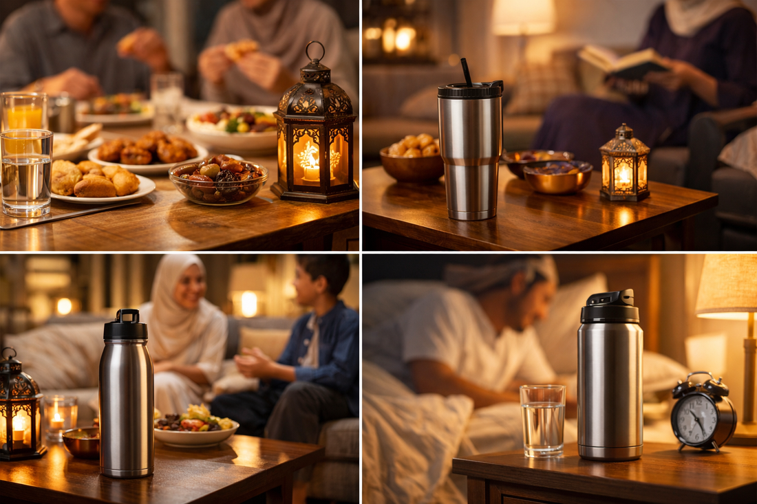 Ramadan evening hydration routine with tumbler between Iftar and Suhoor