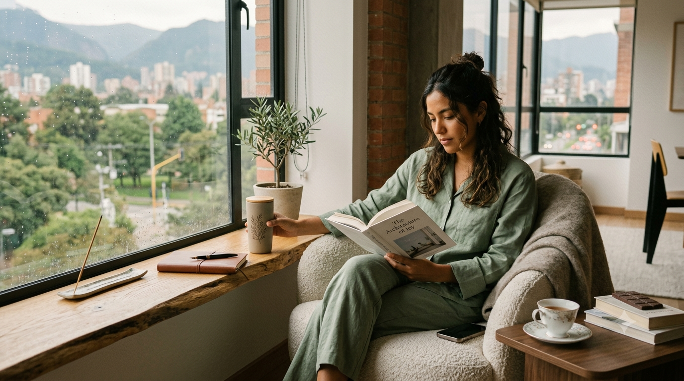 Slow morning routine with a cozy home environment, coffee, books, and personal rituals creating a mindful quality lifestyle