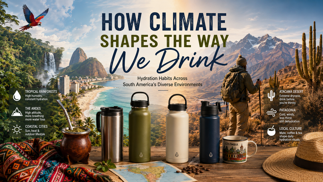 South America hydration guide featuring reusable insulated drinkware across rainforest mountains deserts and coastal regions